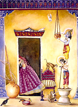 krishna standing on the grinding stone to steal butter:
